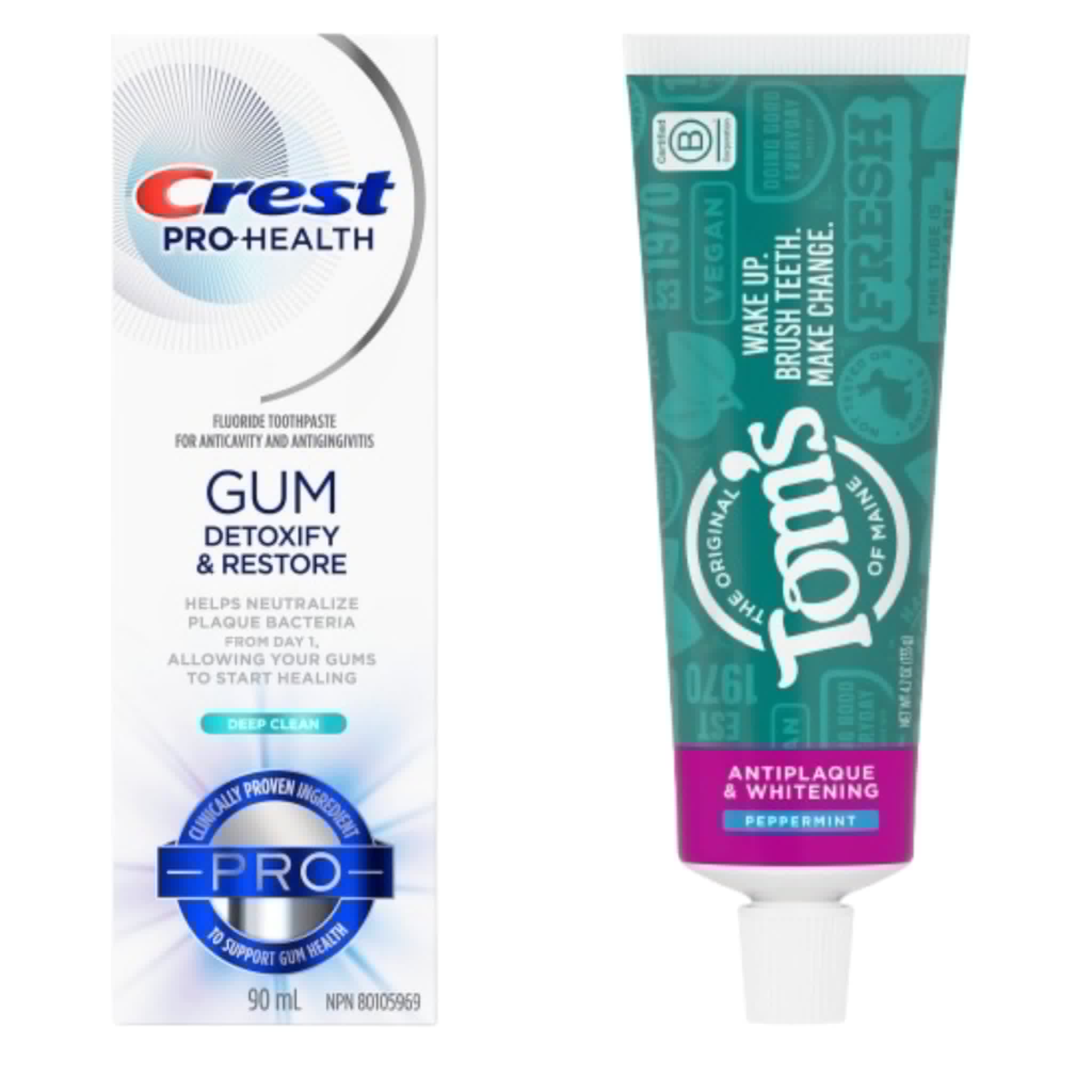 Oral hygiene collection image with two products- Crest Pro health and Toms toothpaste