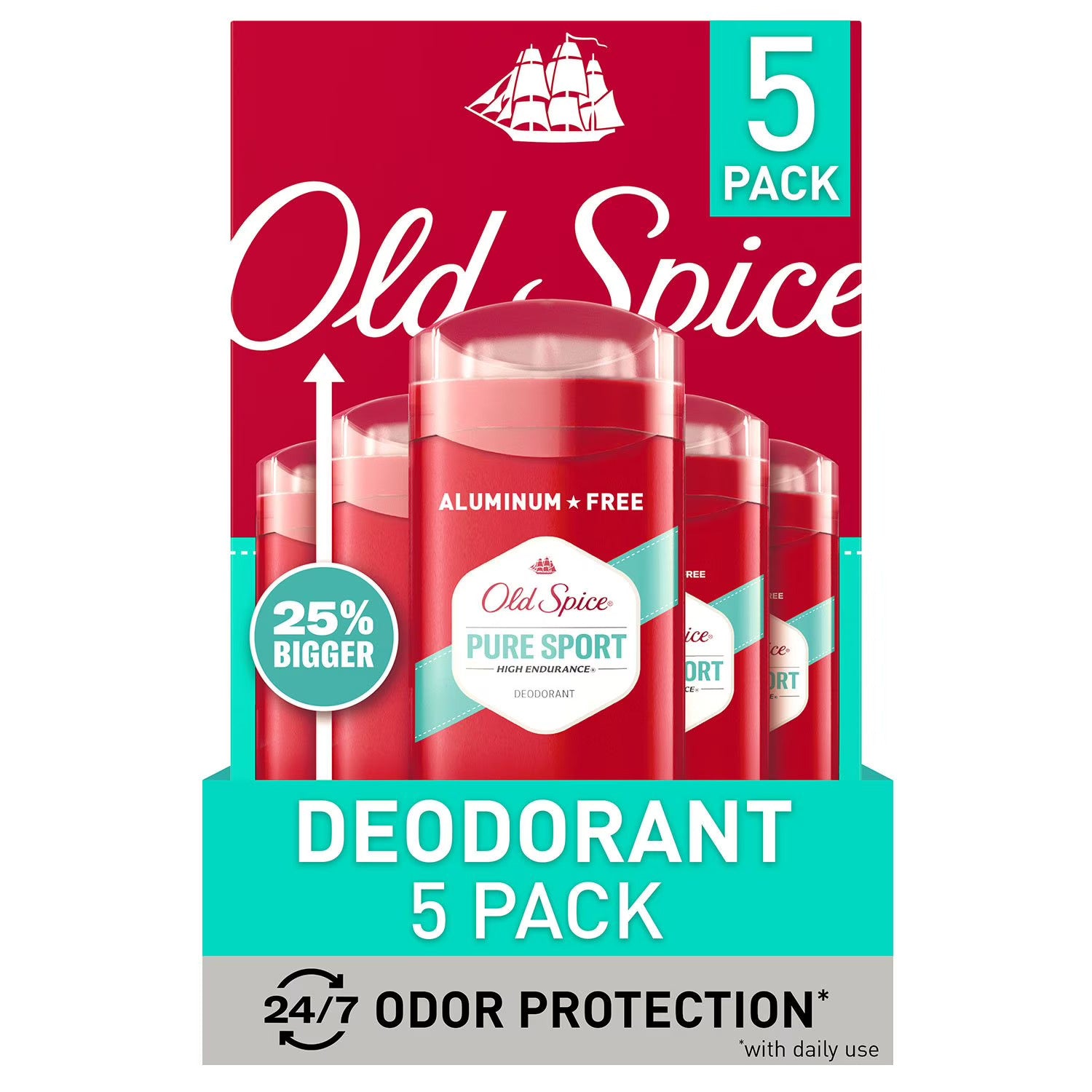 Old Spice Pure Sport Deodorant 3 Oz (85 G), Aluminium-Free, 5 Pack
