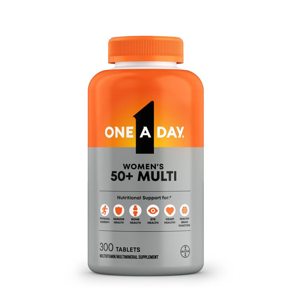 One A Day Women's 50+ Multi supplement bottle on a white background