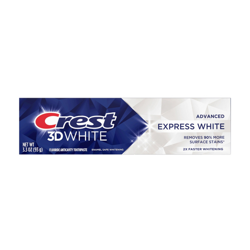 Crest 3D White toothpaste tube on a white background. Get a brighter smile with Crest 3D White fluoride toothpaste. A good whitening toothpaste with anticavity protection for daily oral care.