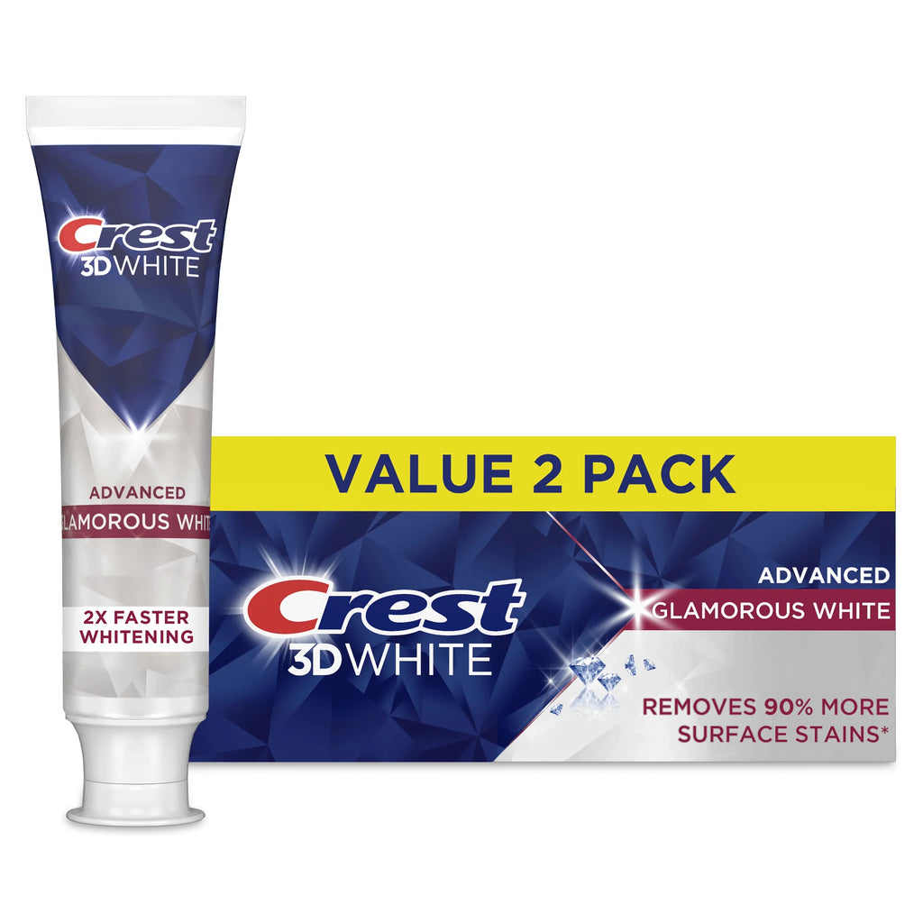 Crest 3D White Glamorous White toothpaste tube and packaging on a white background