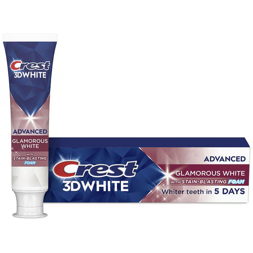 Crest 3D White toothpaste tube and packaging on a white background