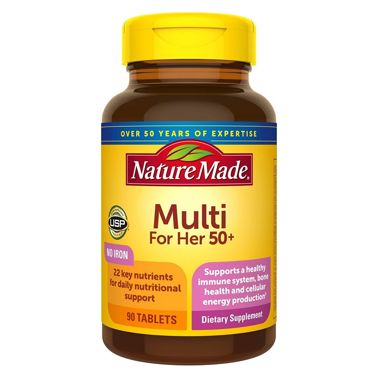 Nature Made Multi For Her 50+ dietary supplement bottle on a white background