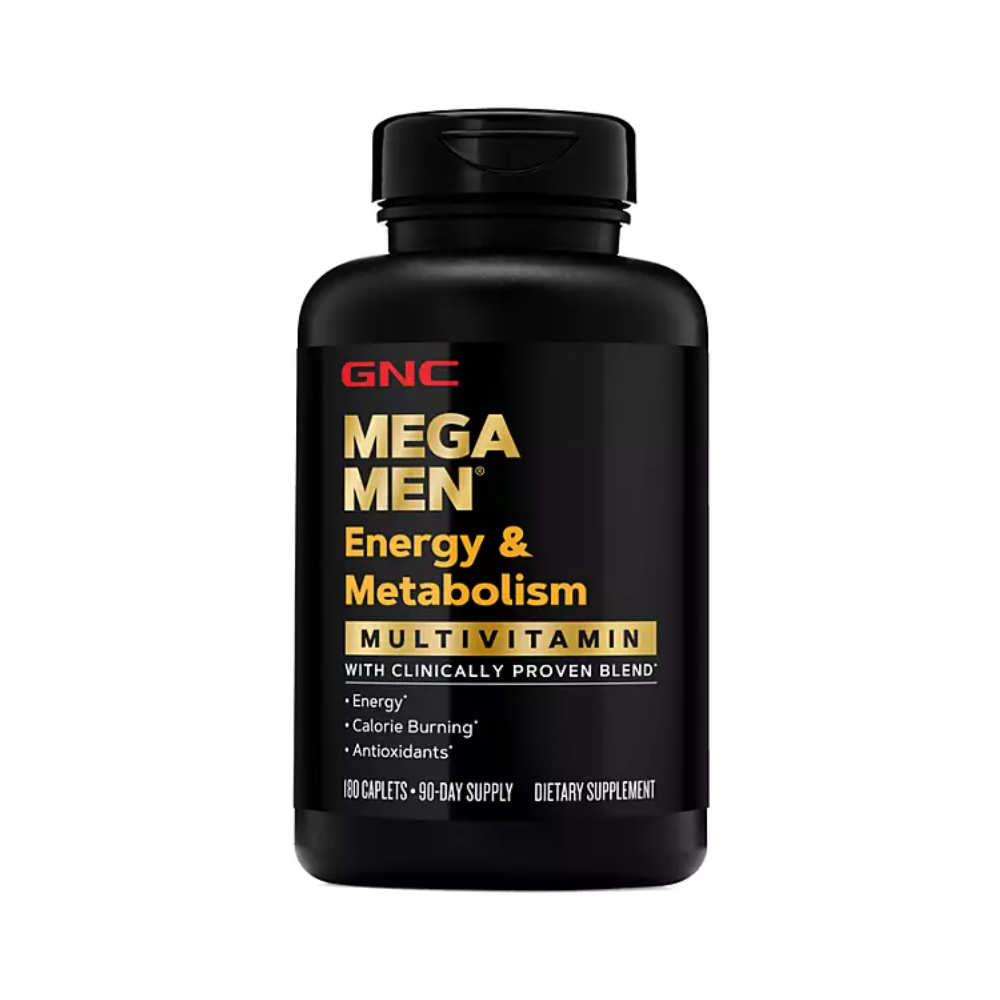 GNC Mega Men Energy & Metabolism multivitamin bottle on a white background