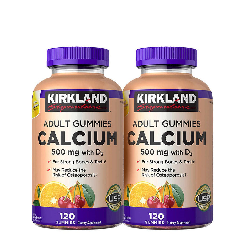 Two bottles of Kirkland Signature Adult Gummies Calcium on a white background