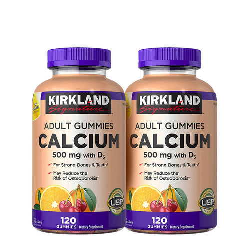 Two bottles of Kirkland Signature Adult Gummies Calcium on a white background