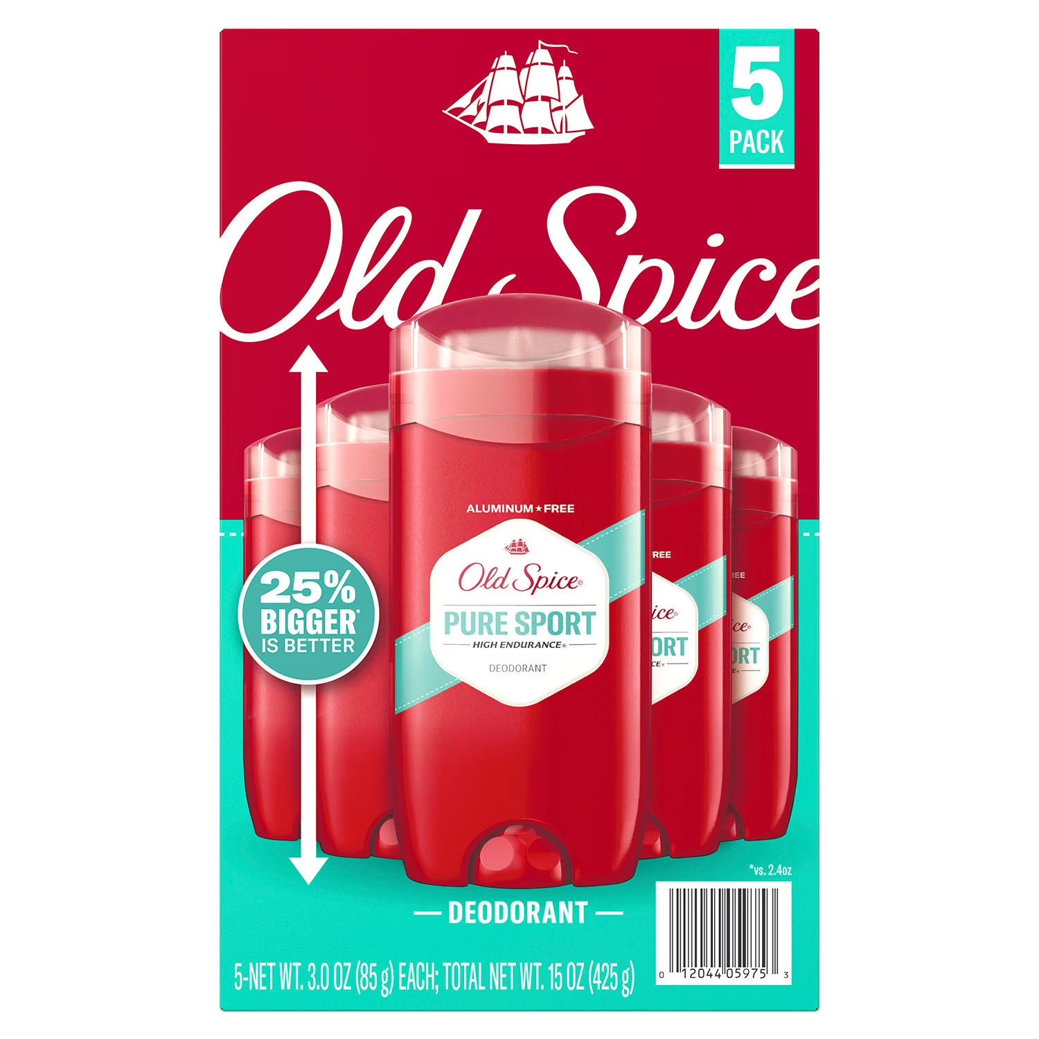 Old Spice Pure Sport Deodorant 3 Oz (85 G), Aluminium-Free, 5 Pack
