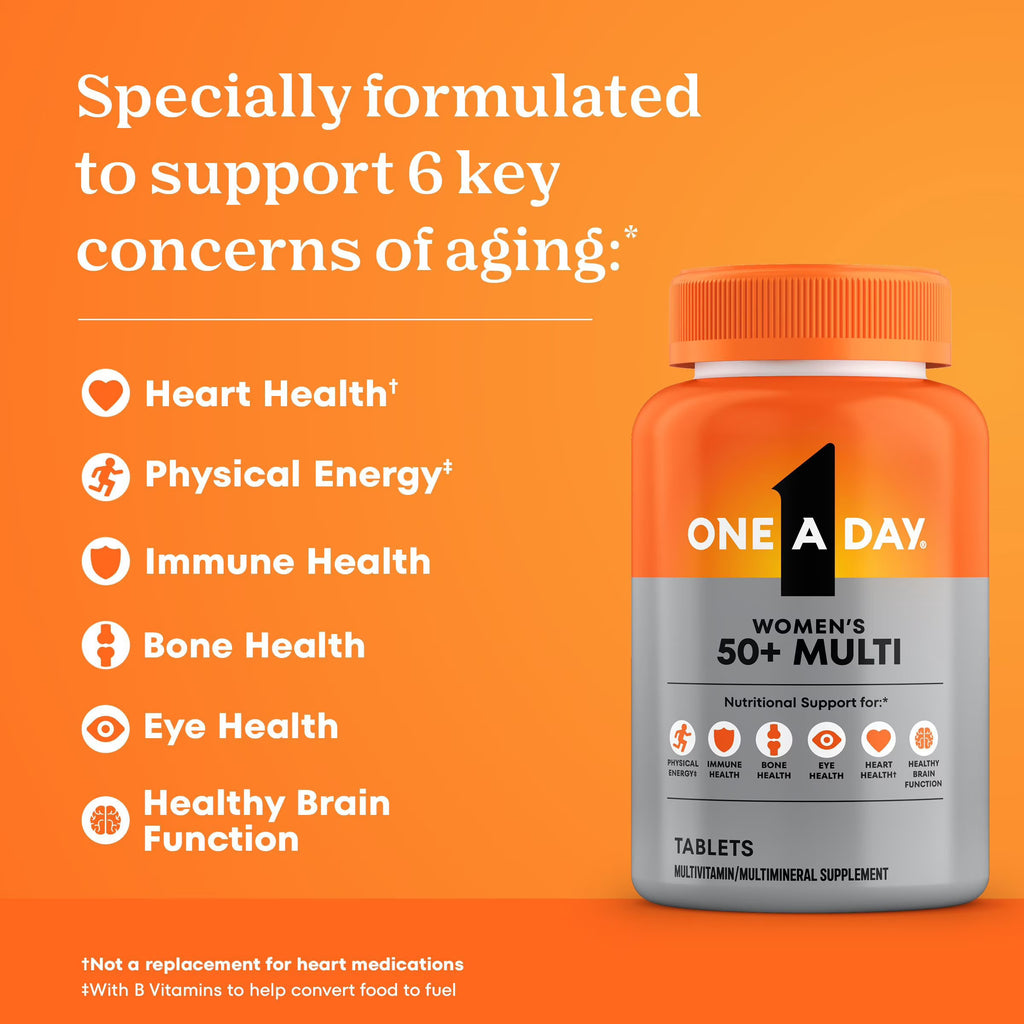 One A Day Women's 50+ Multi supplement bottle on an orange background with text about aging concerns.