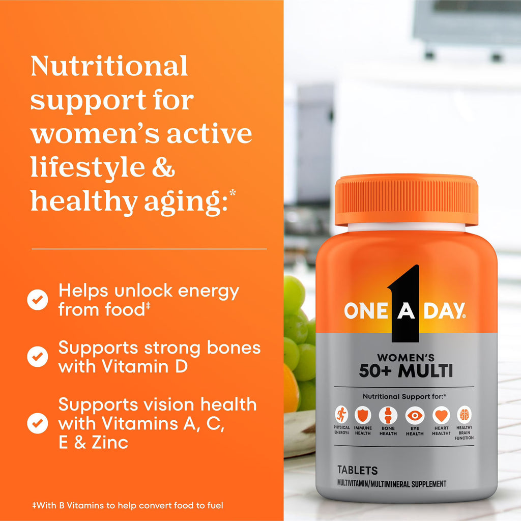 One A Day Women's 50+ Multi supplement bottle with nutritional benefits text on an orange background