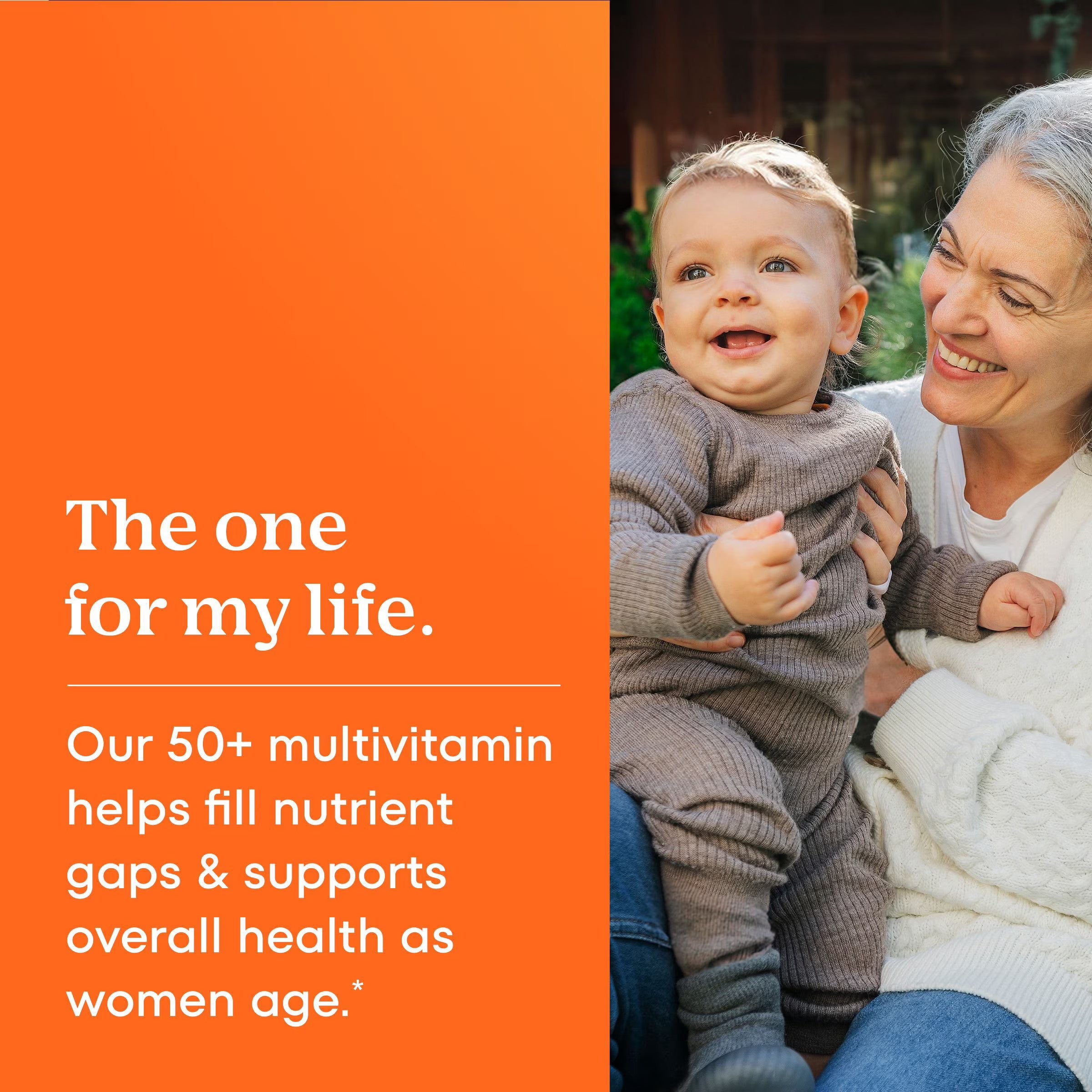 Woman holding a baby with text about a multivitamin on an orange background