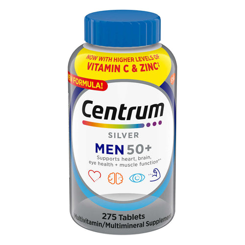 Centrum Silver Men 50+ multivitamin supplement bottle on a white background