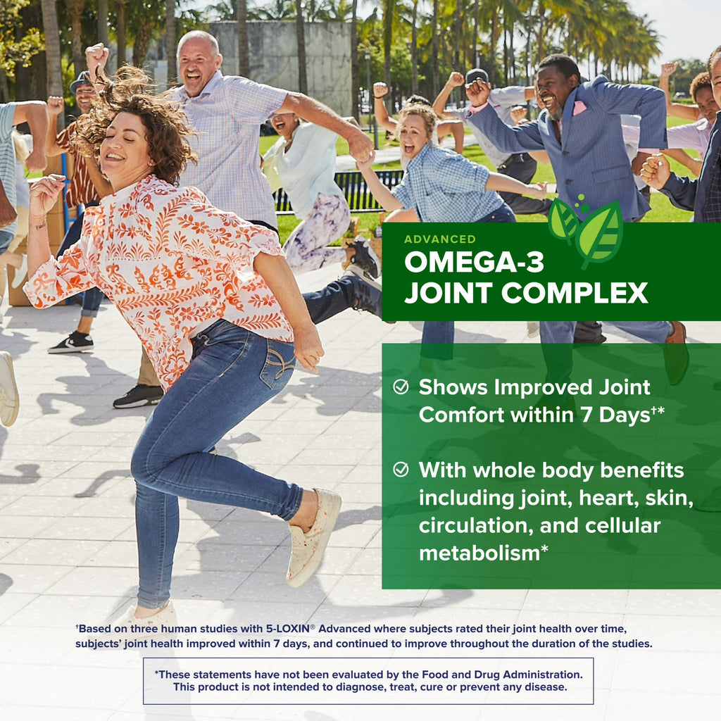 People exercising outdoors with a product advertisement for Omega-3 Joint Complex in the foreground.