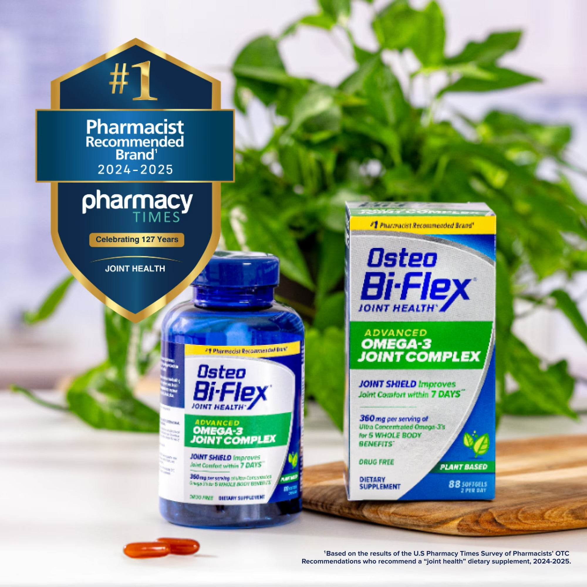 Osteo Bi-Flex joint health supplement bottle and box on a table with a plant in the background