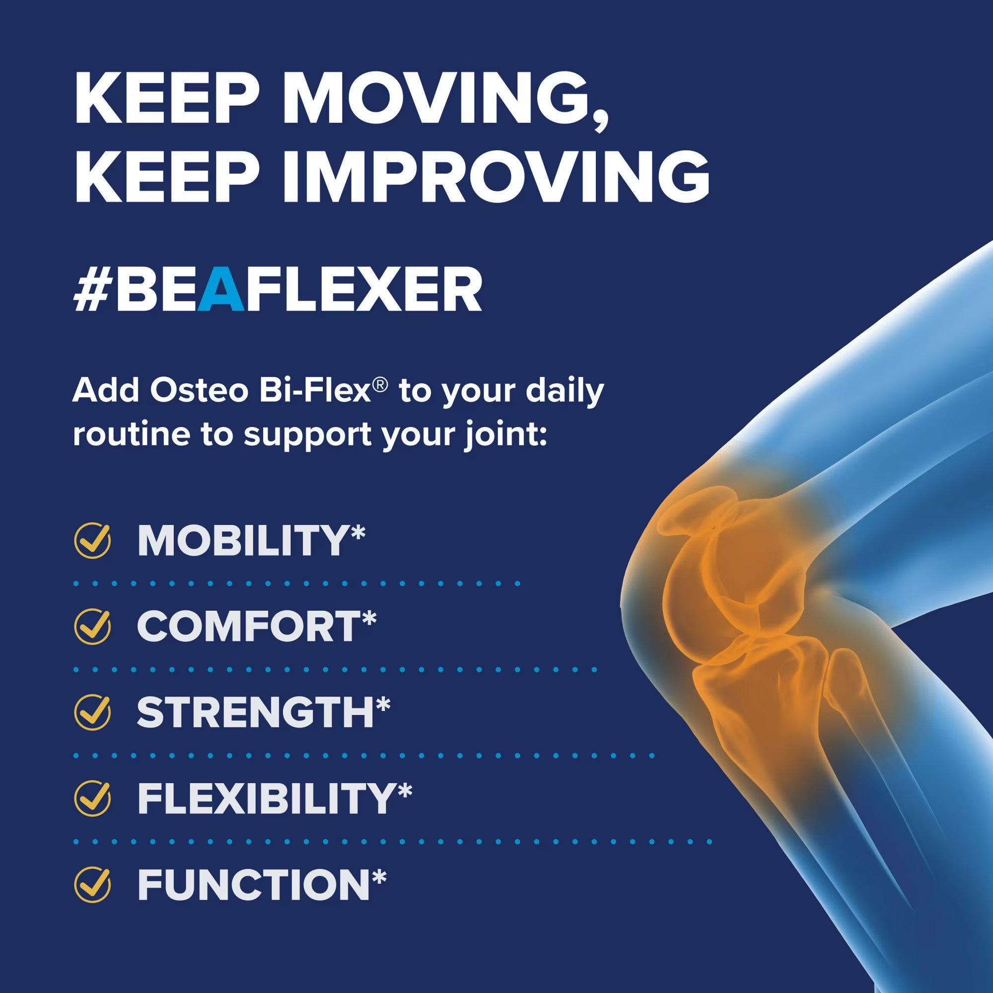 Advertisement for Osteo Bi-Flex with a knee illustration and text on a blue background