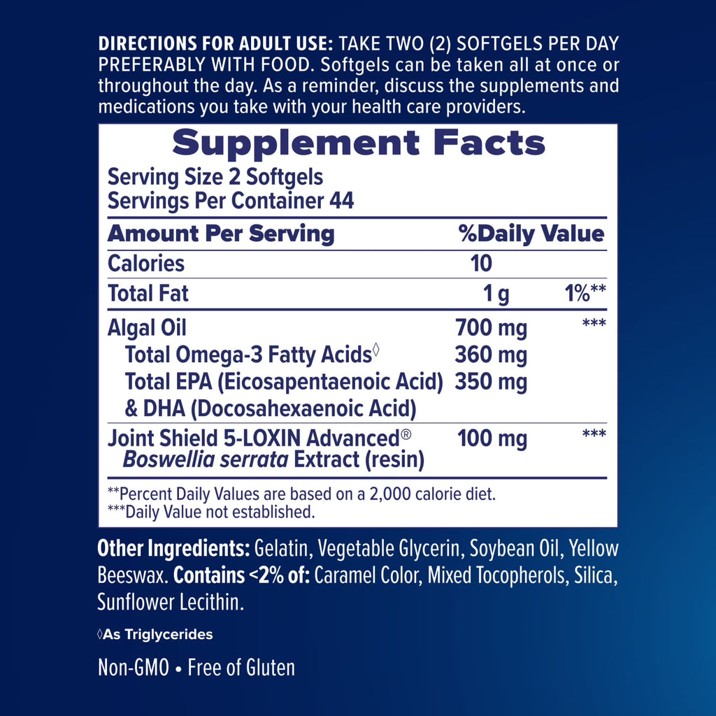 Supplement label with detailed nutritional information on a blue background