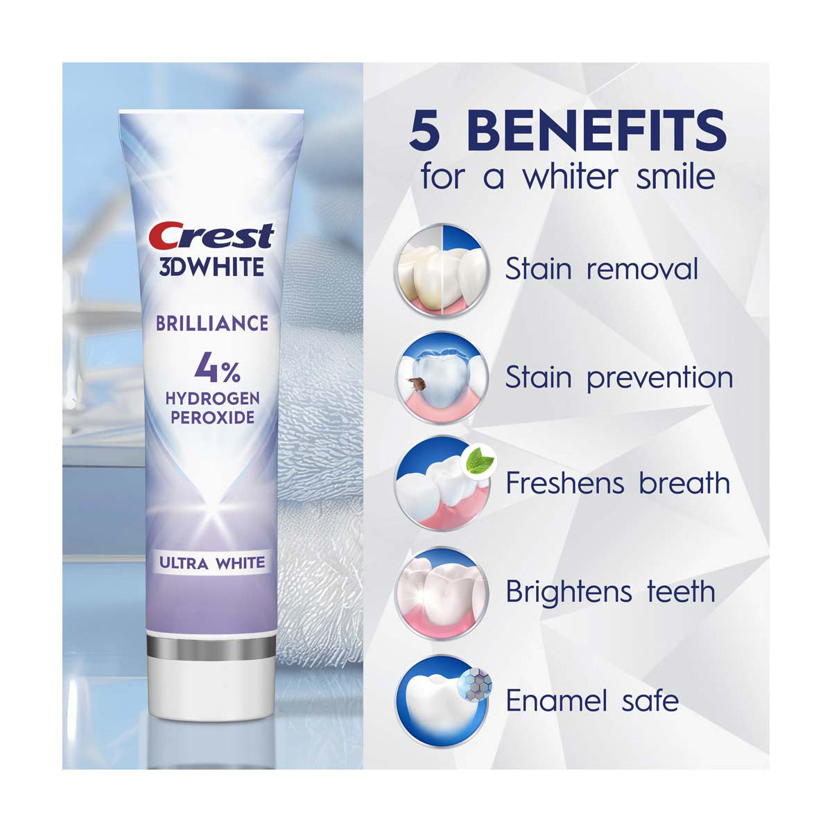 Crest 3D White toothpaste tube with benefits listed on a white background
