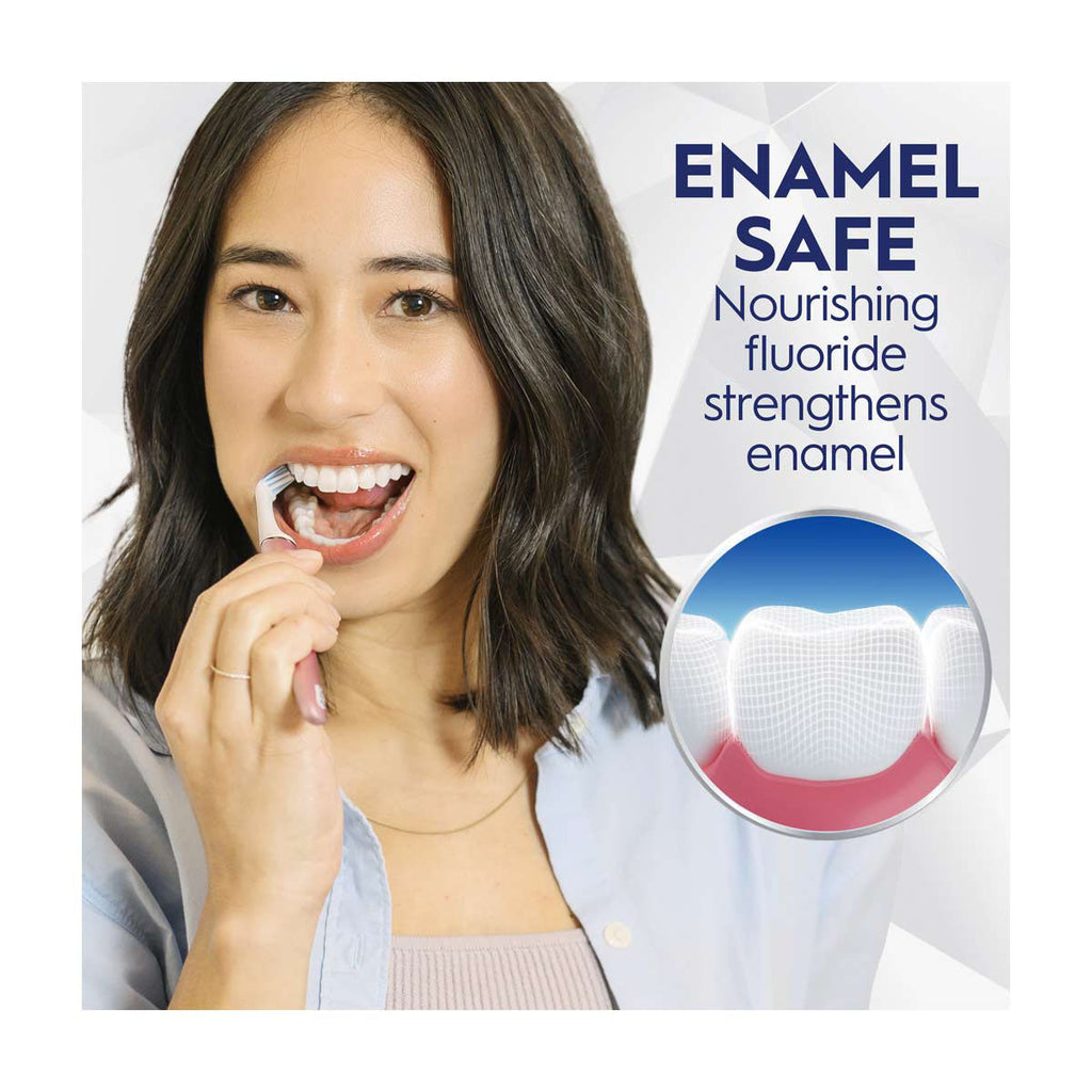 Woman brushing teeth with text about enamel safety and fluoride benefits
