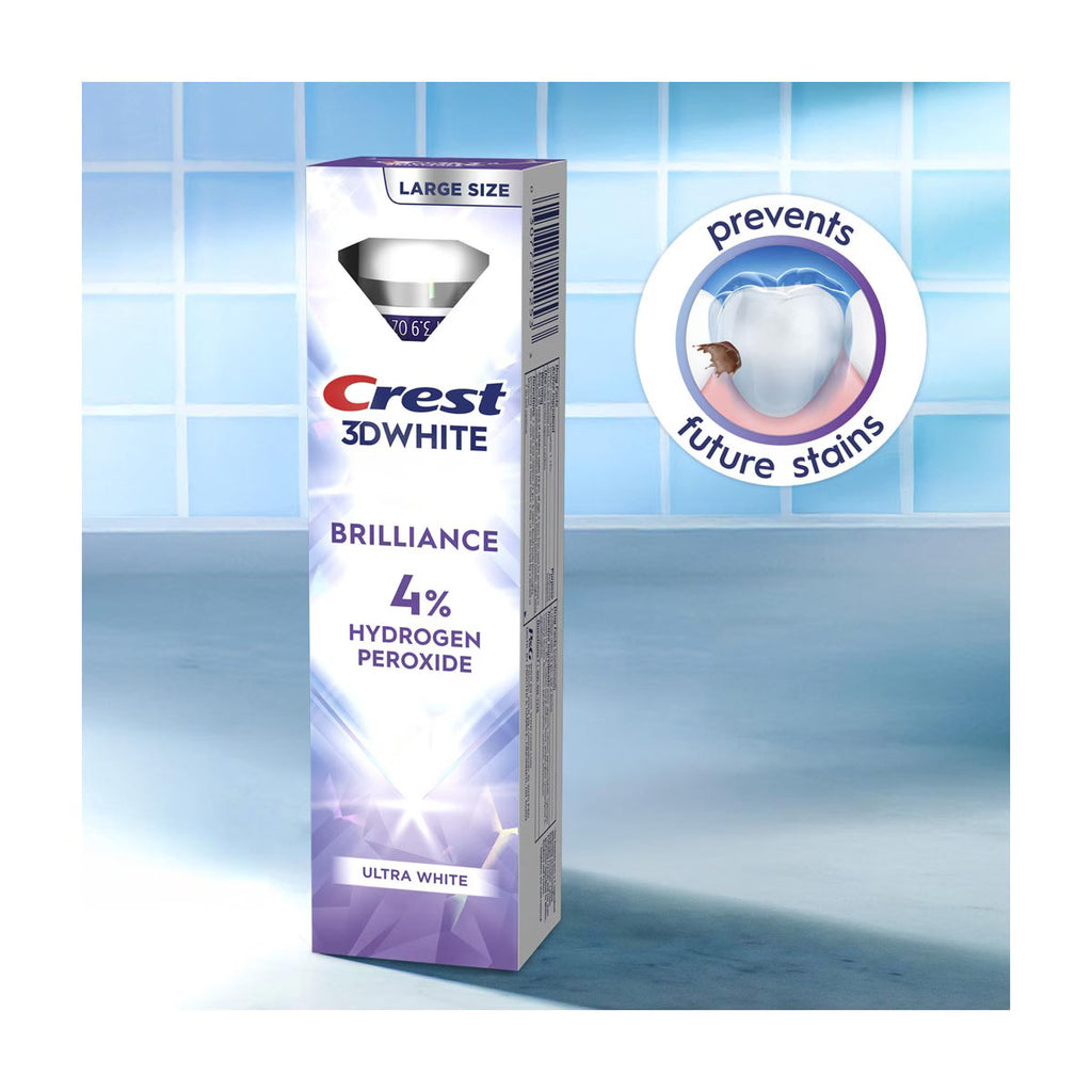 Crest 3DWhite toothpaste box with hydrogen peroxide content on a blue tiled background