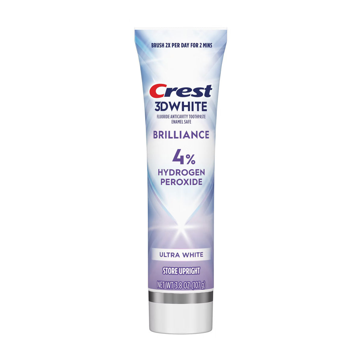 Crest 3D White Brilliance toothpaste tube on a white background