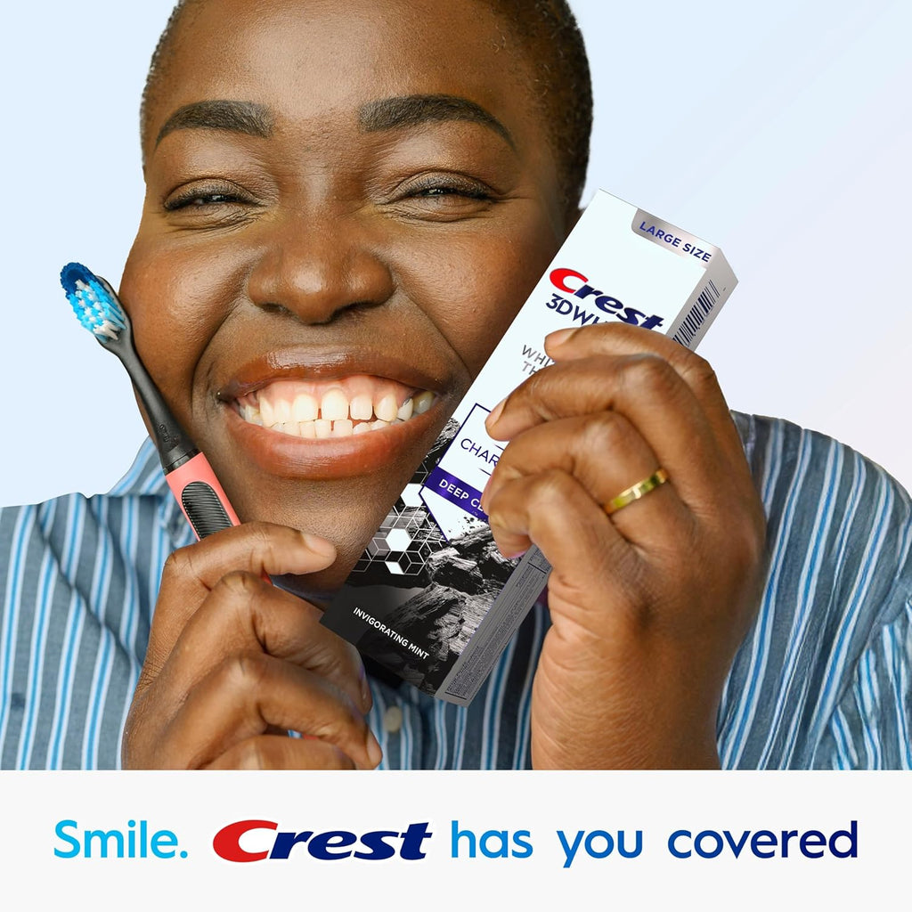 Person holding a toothbrush and Crest toothpaste with 'Smile. Crest has you covered' text.