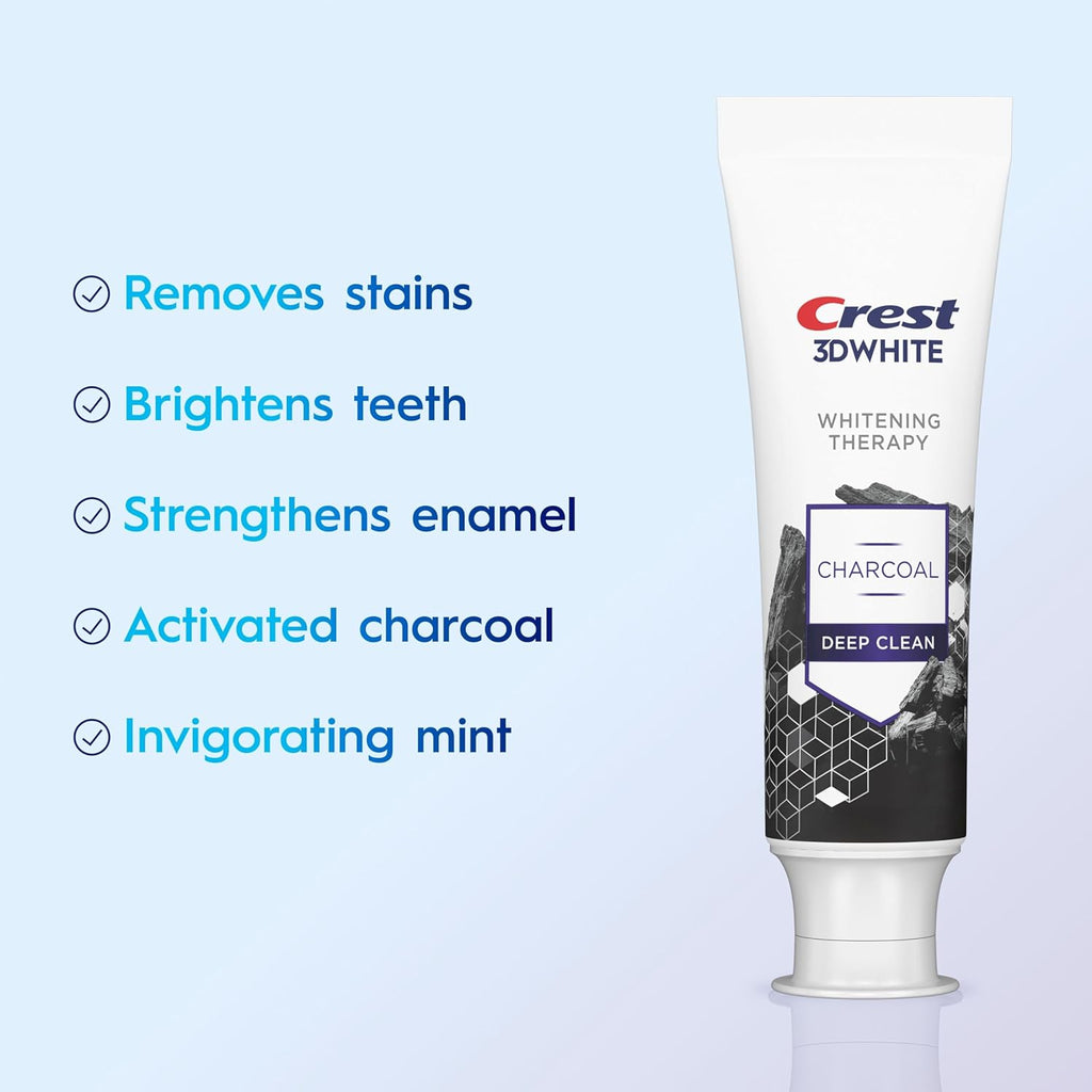 Crest 3D White Whitening Therapy toothpaste tube with features listed on a light blue background