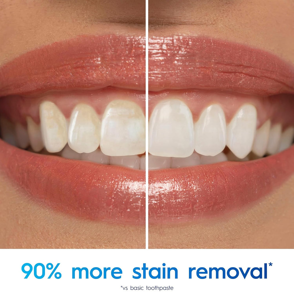 Before and after comparison of teeth with a product claiming 90% more stain removal.