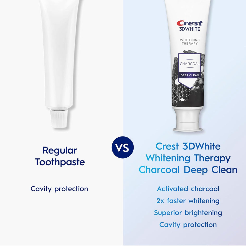 Comparison between a regular toothpaste and Crest 3DWhite Whitening Therapy Charcoal Deep Clean toothpaste on a white background.