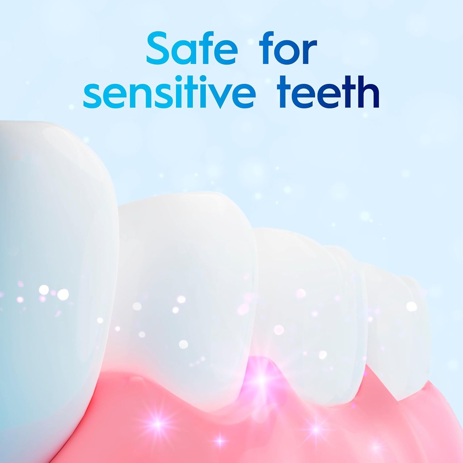 Teeth with a blue background and text 'Safe for sensitive teeth'.