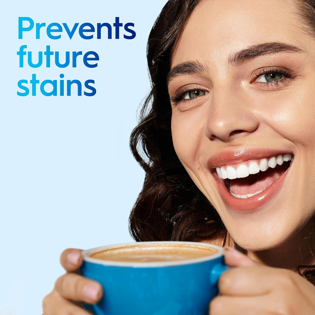 Woman holding a blue mug with a smile, text 'Prevents future stains' on a light blue background