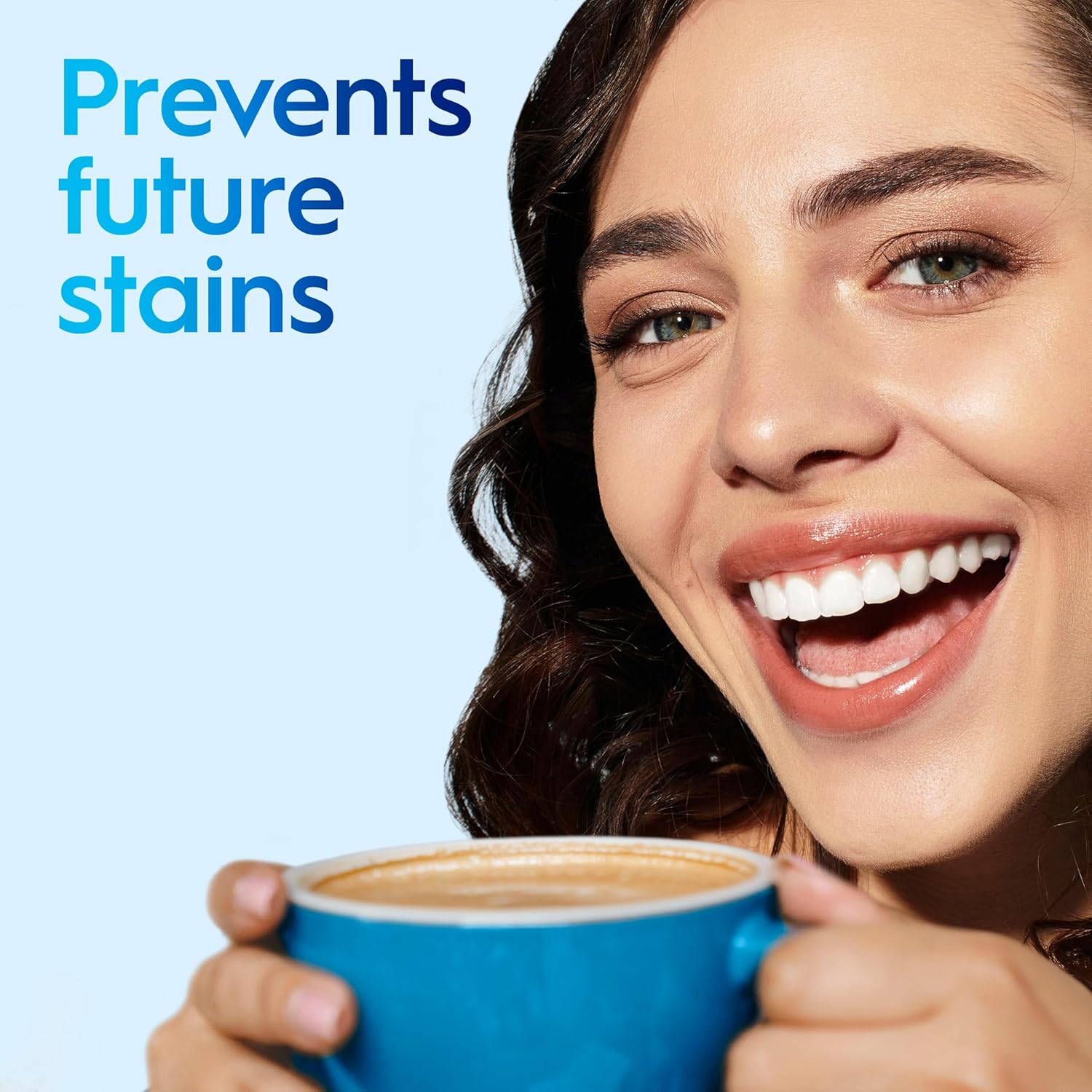 Woman holding a blue mug with a smile, text 'Prevents future stains' on a light blue background