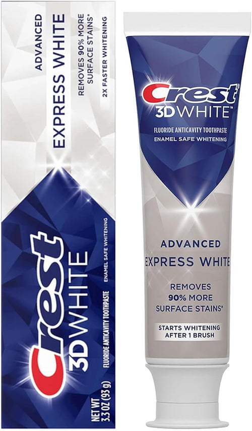 Crest 3D White Advanced Express White toothpaste tube and packaging.