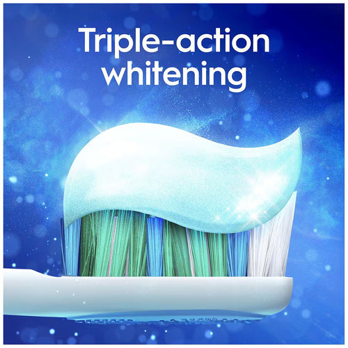 Toothbrush with toothpaste on a blue background, labeled 'Triple-action whitening'.