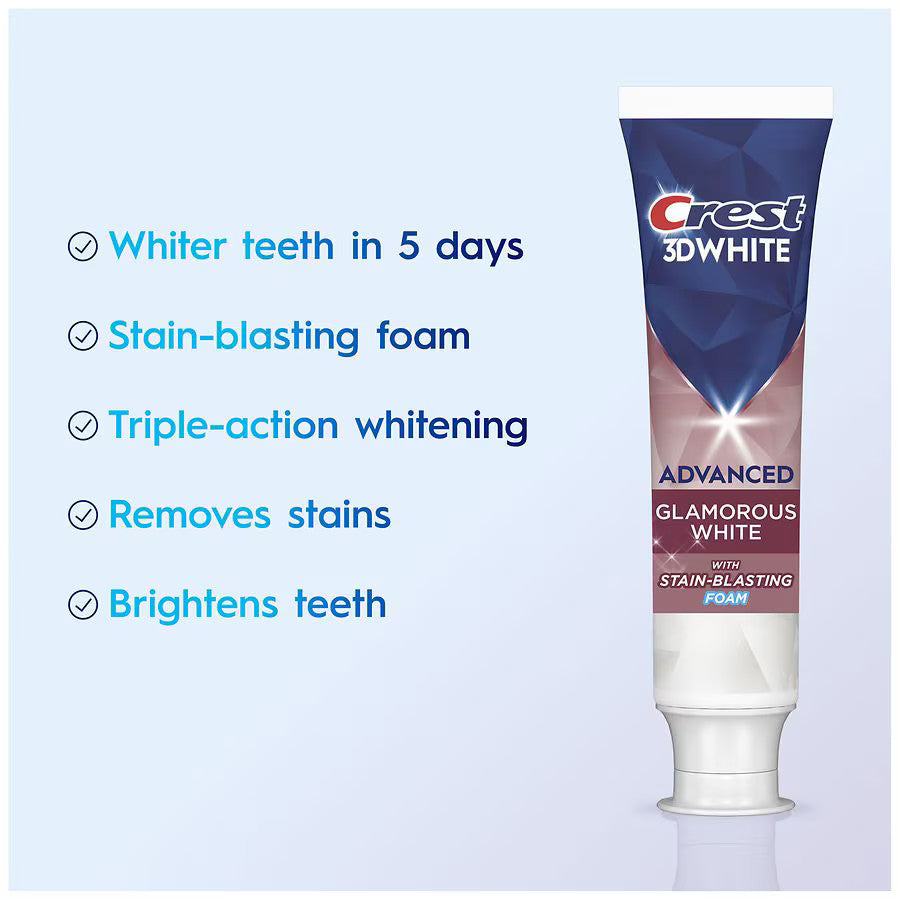 Crest 3D White Advanced Glamorous White toothpaste tube with product features on a light blue background