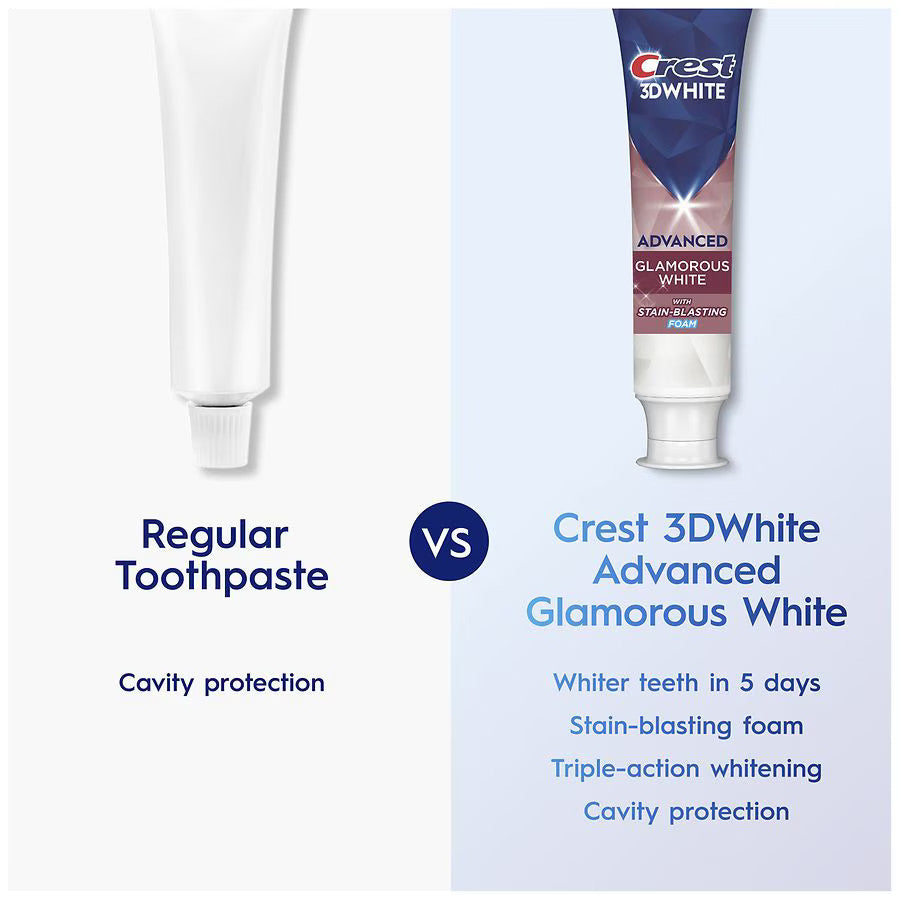 Comparison between regular toothpaste and Crest 3DWhite Advanced Glamorous White toothpaste on a white background.