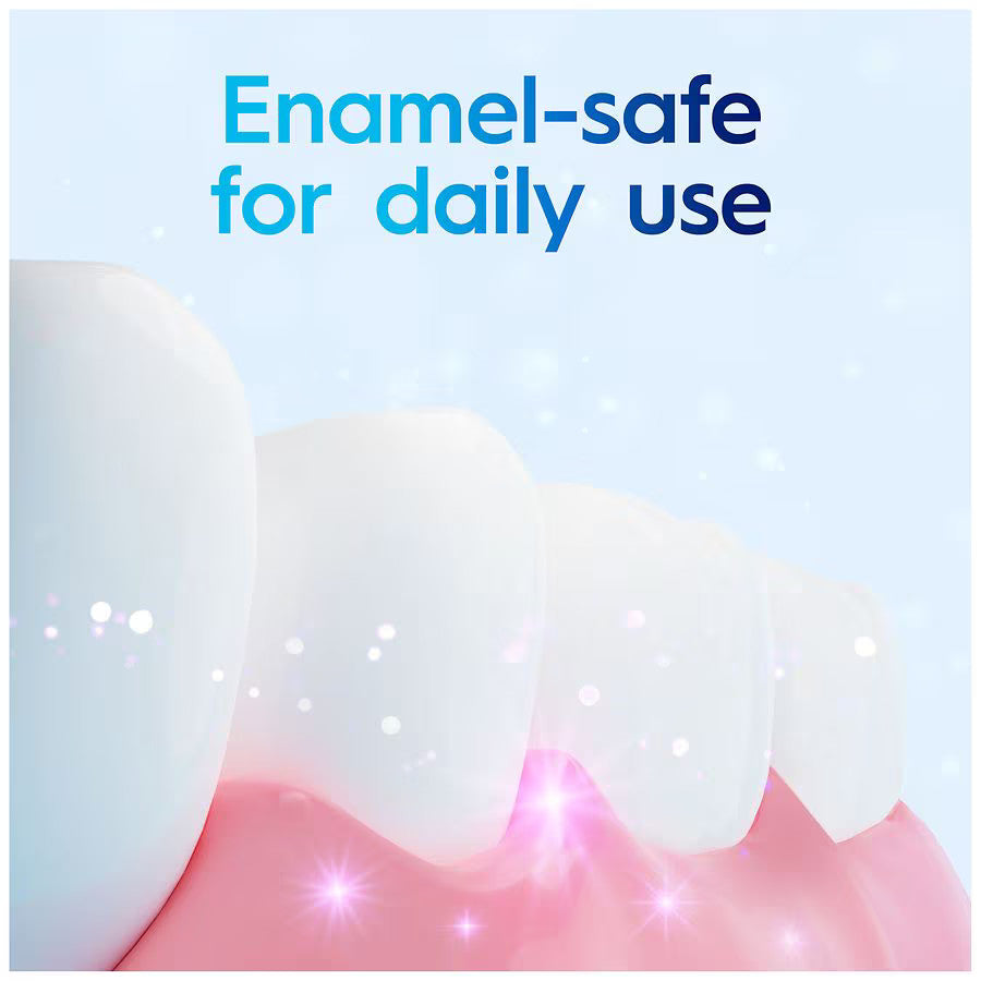 Teeth with a blue background and text 'Enamel-safe for daily use'.