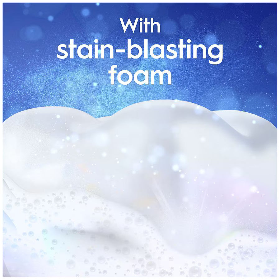 Foam with text 'With stain-blasting foam' on a blue background