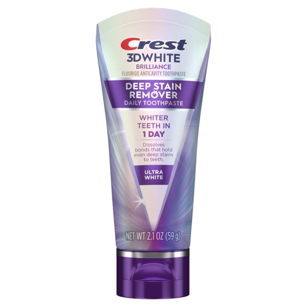 Crest 3D White Deep Stain Remover toothpaste tube on a white background