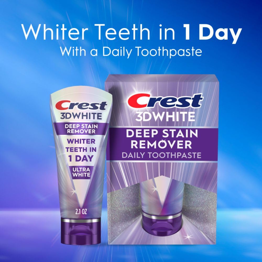 Crest 3D White Deep Stain Remover toothpaste packaging on a blue background