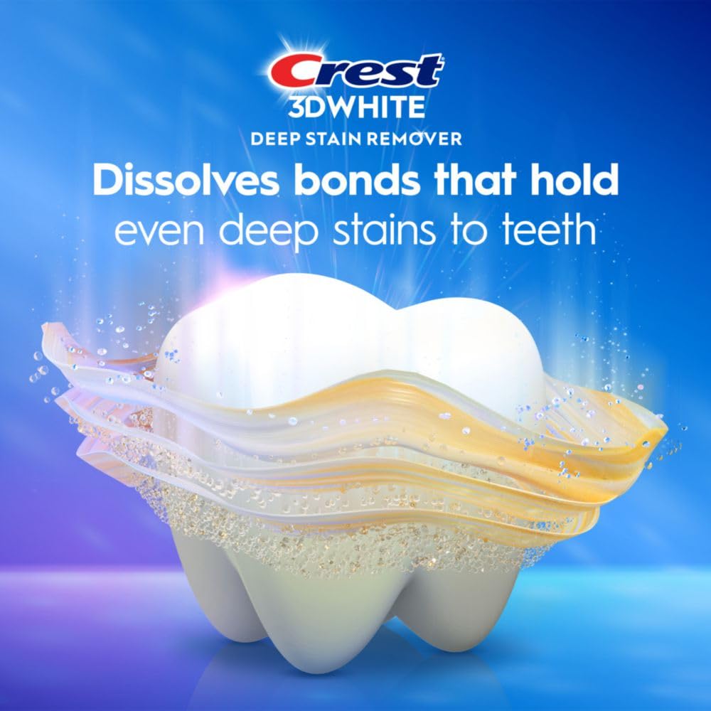 Crest 3DWhite deep stain remover advertisement with a tooth model on a blue background