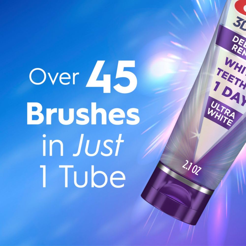 Toothpaste tube with text 'Over 45 Brushes in Just 1 Tube' on a blue background