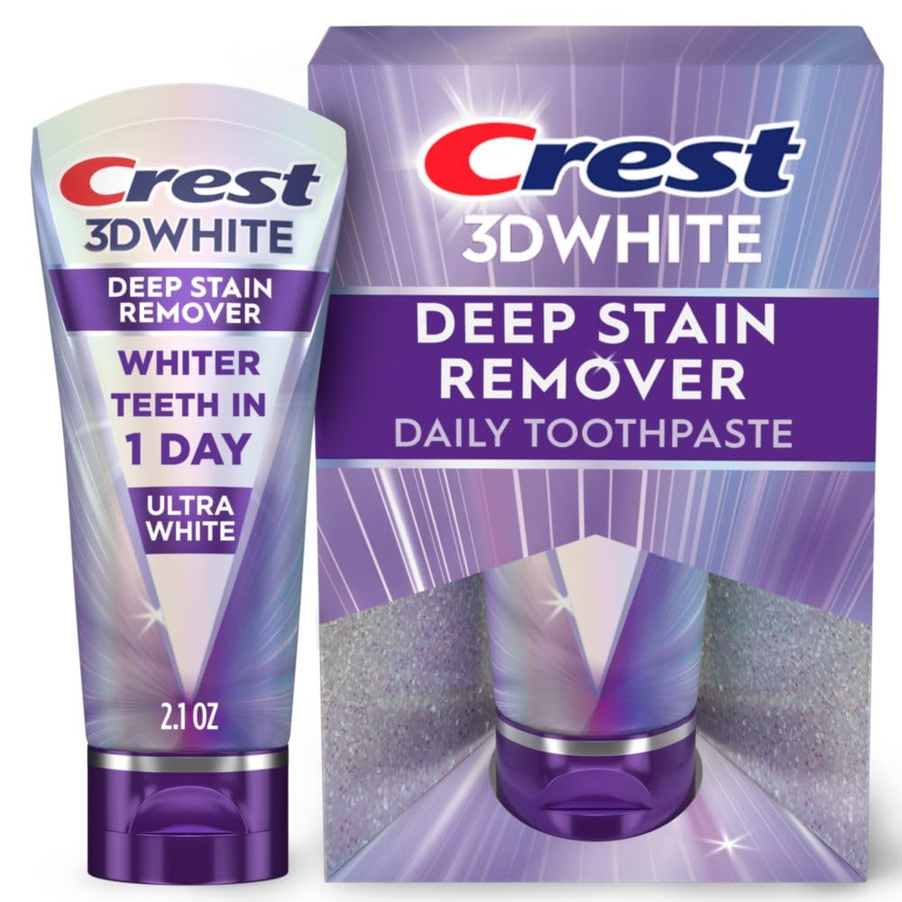 Crest 3DWhite Deep Stain Remover toothpaste tube and packaging on a white background