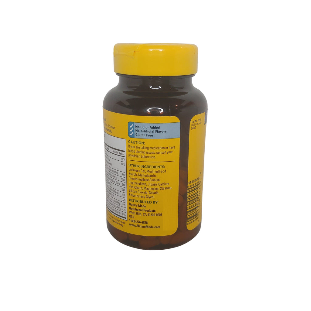 Vitamin supplement bottle with yellow cap and label on a white background