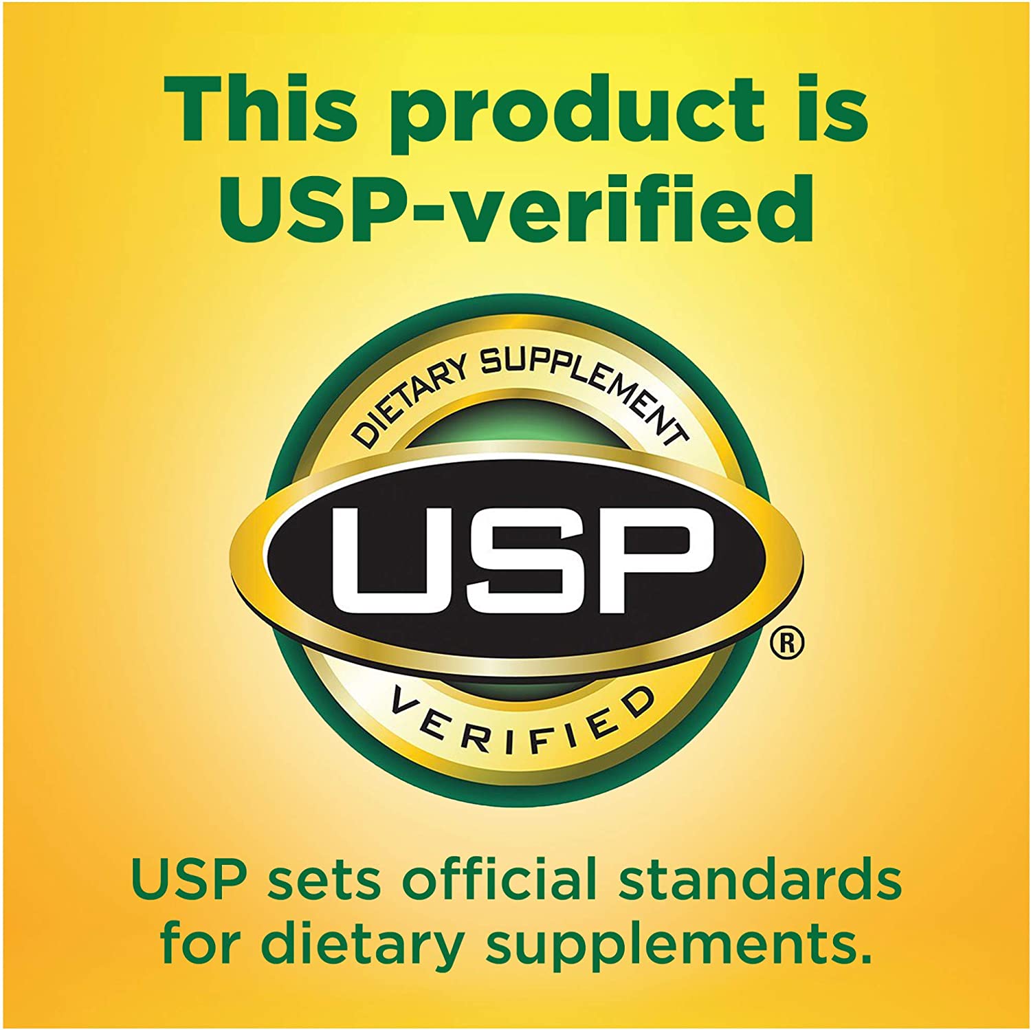 USP-verified dietary supplement logo on a yellow background with green text.