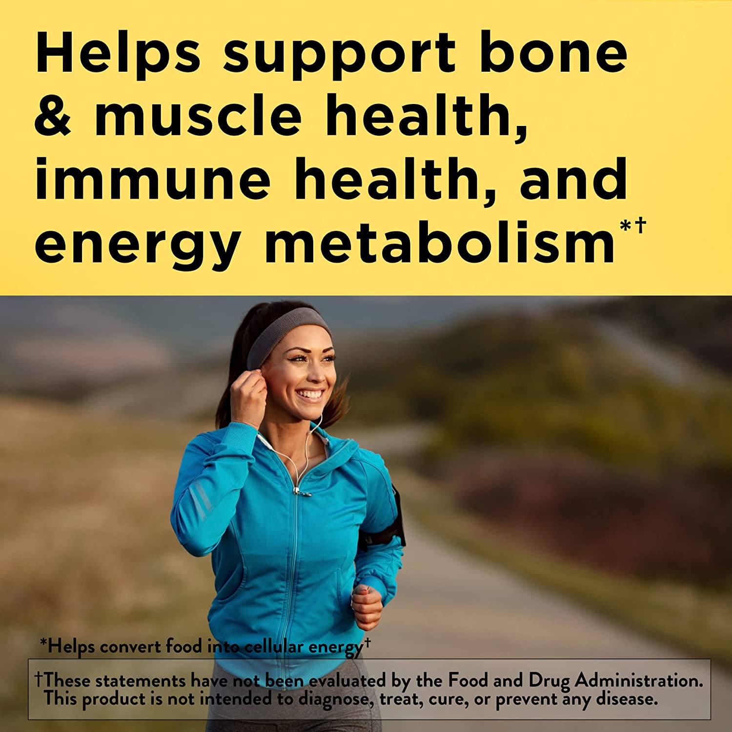 Woman running outdoors with text about health benefits on a yellow background