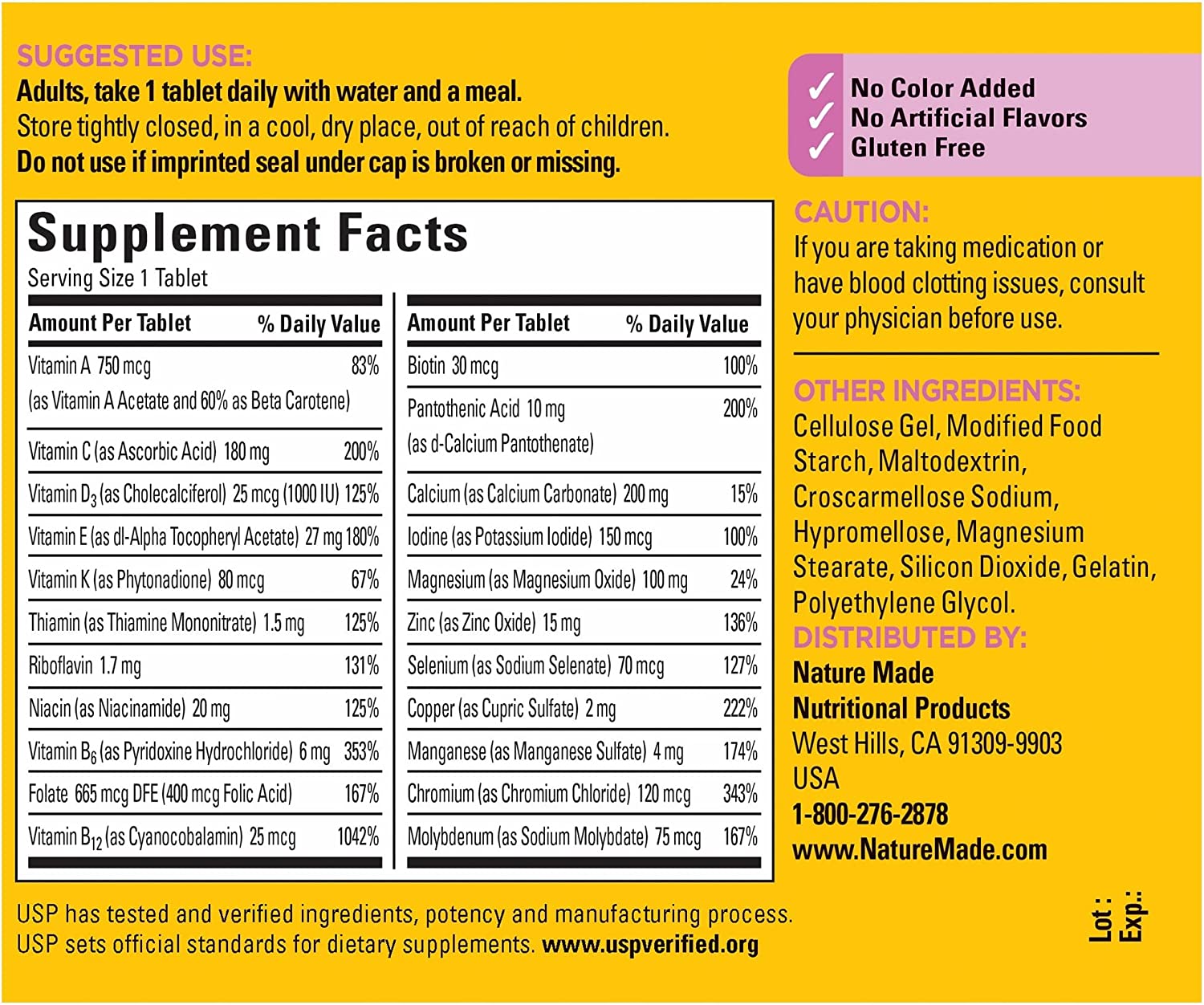 Supplement label with detailed nutritional information on a yellow background
