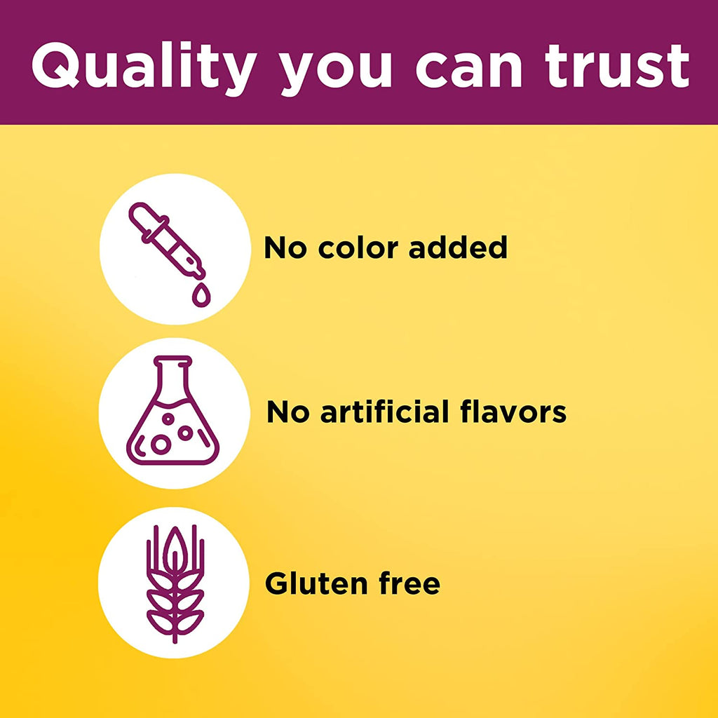 Product label with icons and text indicating 'No color added', 'No artificial flavors', and 'Gluten free' on a yellow and purple background.
