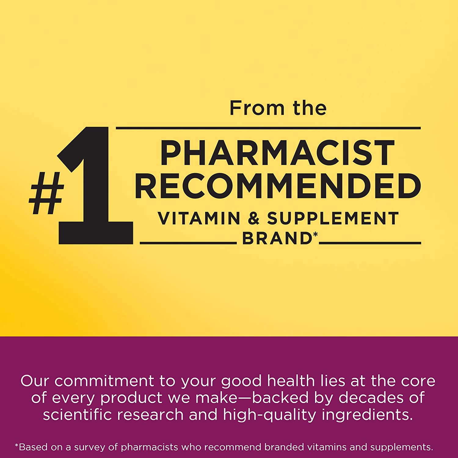 Promotional graphic for a vitamin and supplement brand with '#1 Pharmacist Recommended' text on a yellow and purple background.