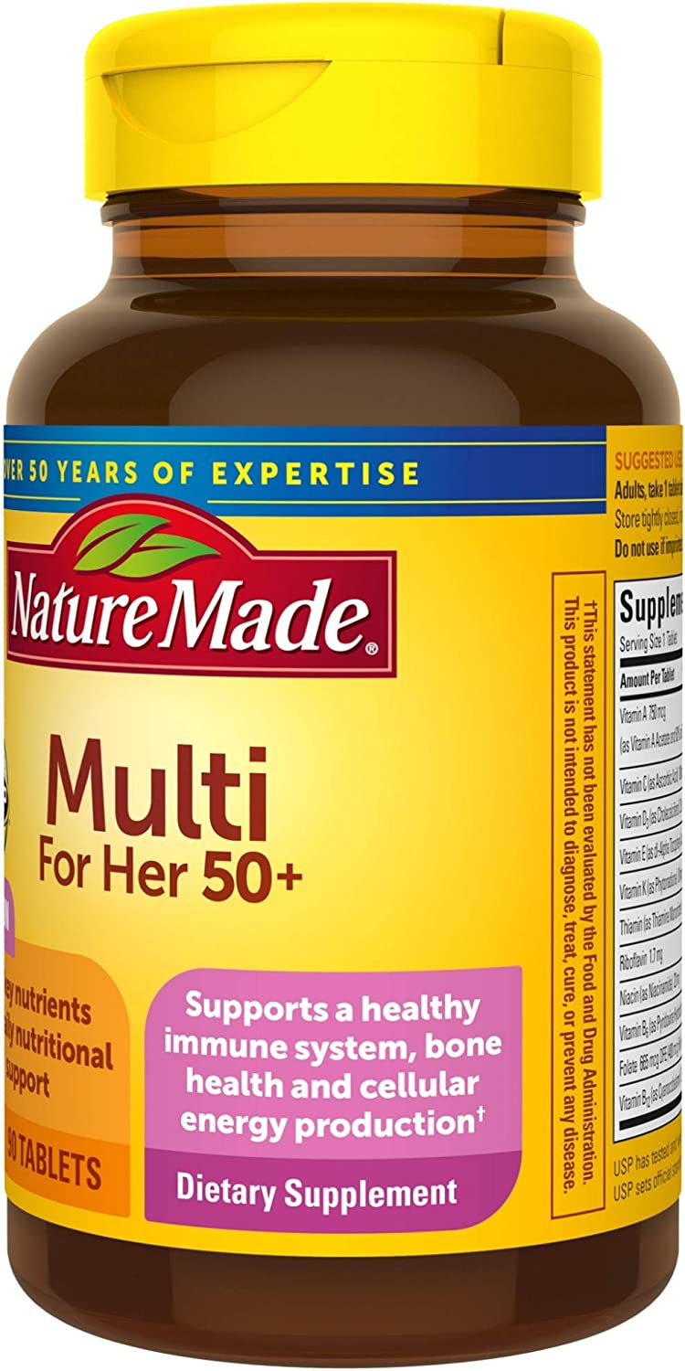 Nature Made Multi For Her 50+ dietary supplement bottle with yellow cap and label.