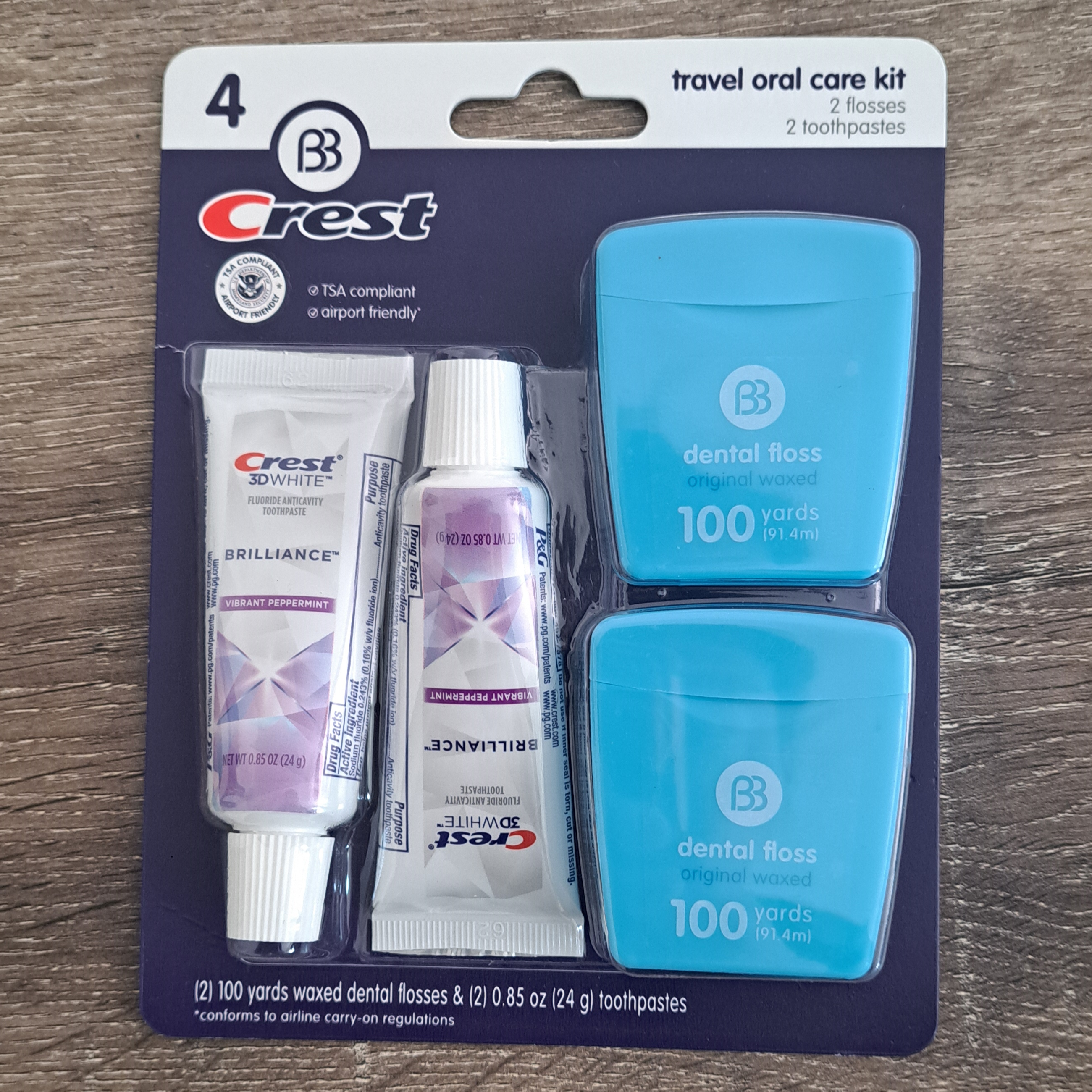 Brush Buddies Crest 3D White Brilliance Vibrant Peppermint Travel Toothpaste (2 Pack) with Floss (2 Pack)