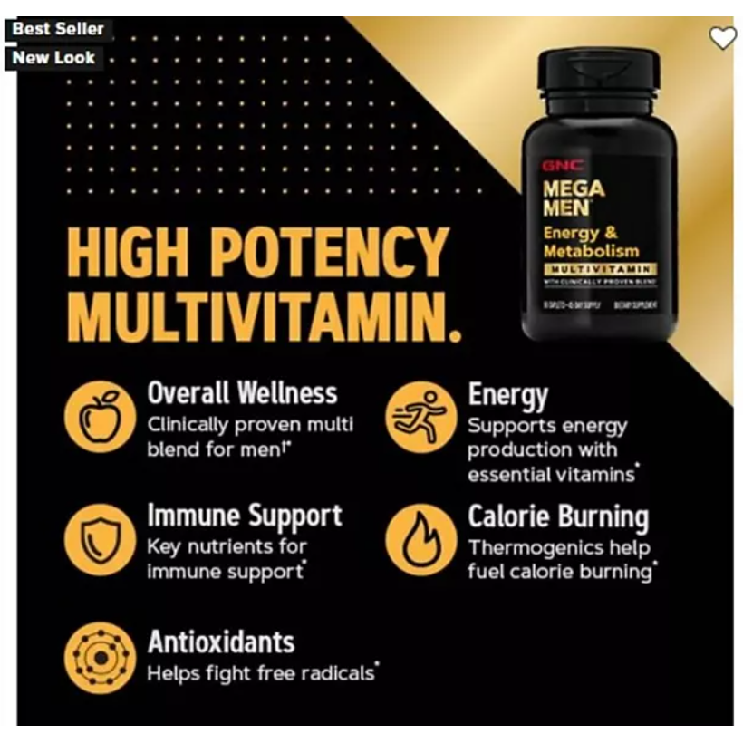 GNC Mega Men High Potency Multivitamin bottle with features listed on a black and gold background